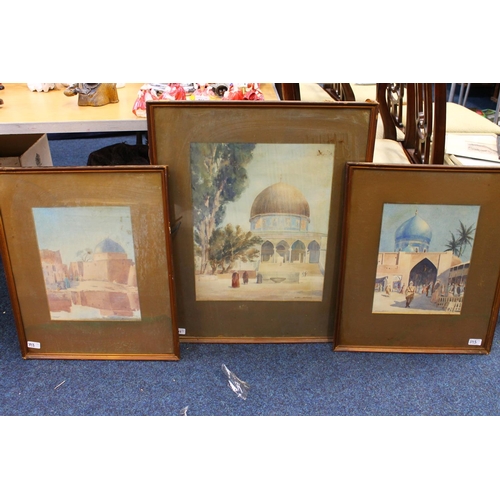 393 - HENRY SIMPSON, three watercolours of Arab scenes, the largest 48cm x 38cm, frame 74cm x 58cm.