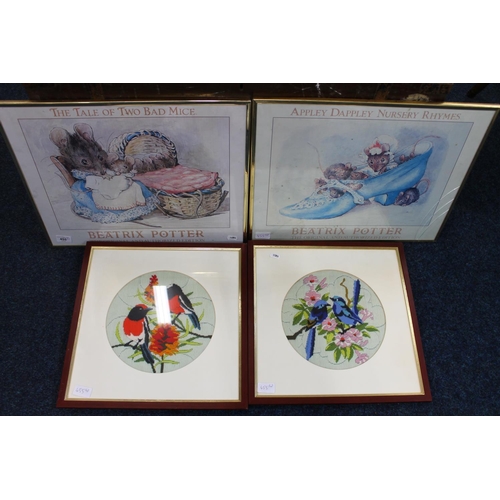 455 - Two framed Beatrix Potter prints, frames 41cm x 51cm and two embroidered ornithological panels. (4)