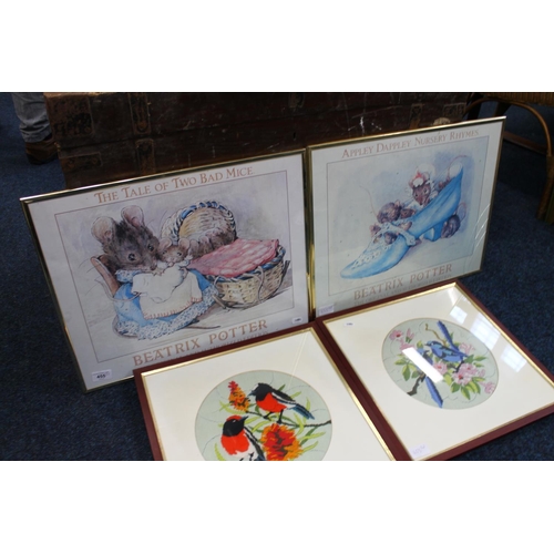 455 - Two framed Beatrix Potter prints, frames 41cm x 51cm and two embroidered ornithological panels. (4)