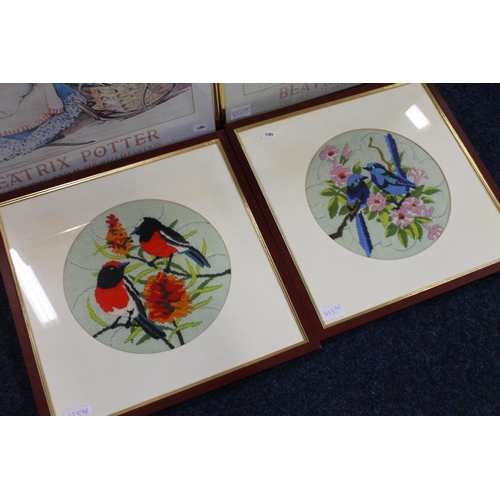 455 - Two framed Beatrix Potter prints, frames 41cm x 51cm and two embroidered ornithological panels. (4)