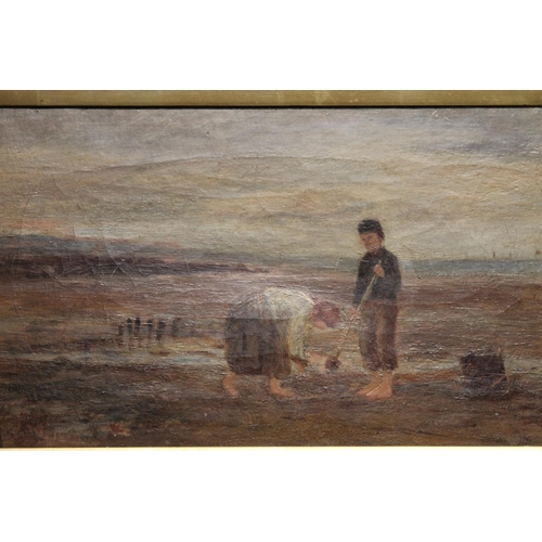 391 - JAMES MAY (Scottish 19th century), figures gathering bait on a beach, oil painting on canvas, signed... 