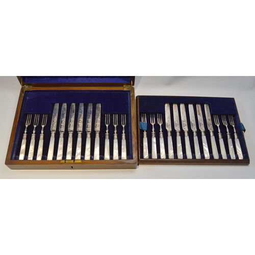 9 - Set of EP fruit knives and forks for twelve, with mother of pearl handles and silver ferrules, cased... 