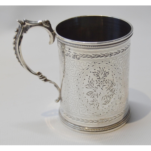 11 - Silver engraved mug, 1873, a silver cream jug and a silver porringer, 280g gross.  (3)