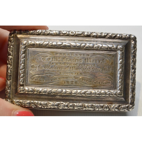 31 - Silver rectangular snuff box with reeded sides, engraved 'Mr Francis Marr', Muirhead St Mill, Gorbal... 