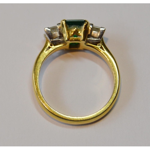 108 - Diamond and emerald three stone ring set with princess-cut brilliants, with a larger cut emerald to ... 