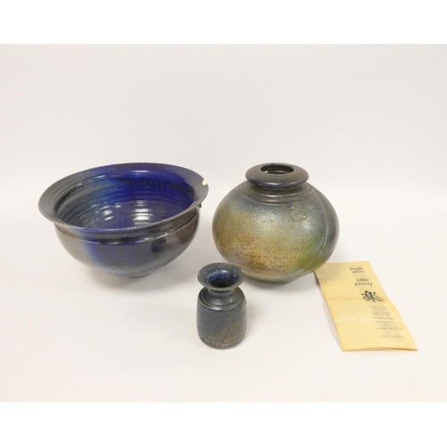 182 - Hugh West, Truro - Cornwall, three pieces of Raku fired studio pottery, to include an oviform vase, ... 