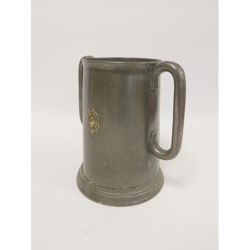 236 - 19th century prize pewter twin handled tankard, of large form, bearing crest to the obverse for Walt... 