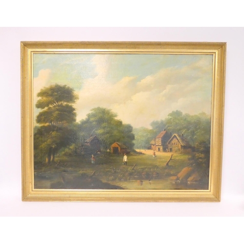 254 - 19th Century SchoolLandscape scene with figures and thatched cottages to the foreground.Oil on Canva... 