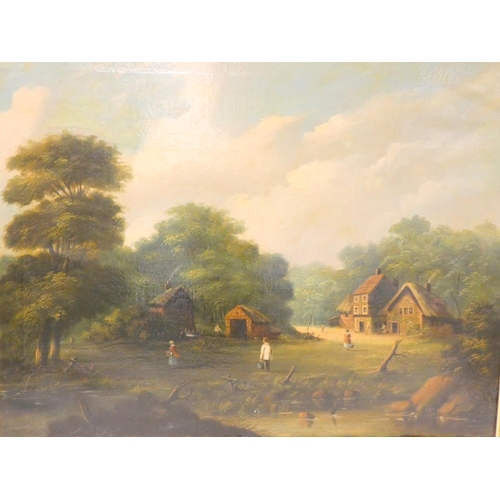 254 - 19th Century SchoolLandscape scene with figures and thatched cottages to the foreground.Oil on Canva... 