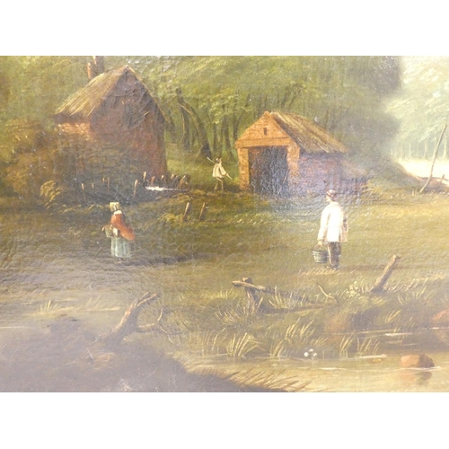 254 - 19th Century SchoolLandscape scene with figures and thatched cottages to the foreground.Oil on Canva... 