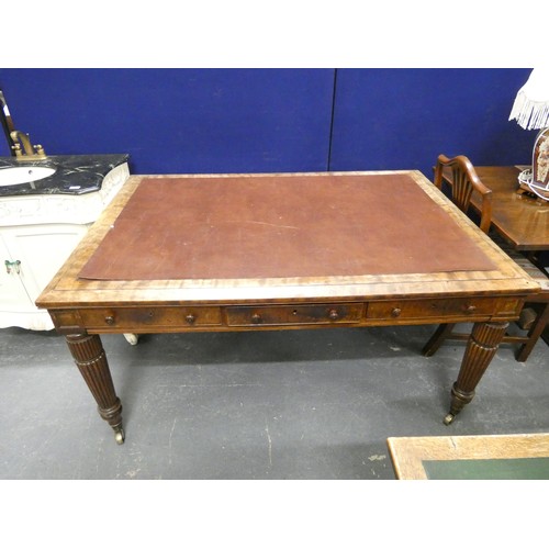 588 - Antique Regency period leather topped mahogany partner's desk with three small drawers either side a... 