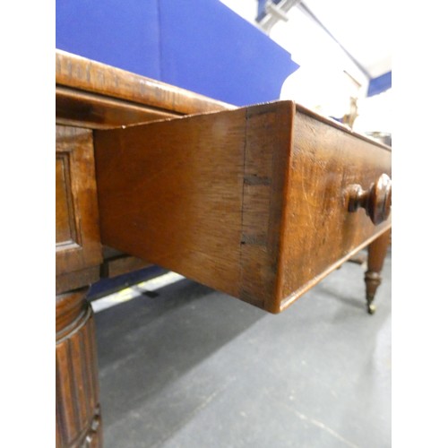 588 - Antique Regency period leather topped mahogany partner's desk with three small drawers either side a... 