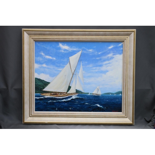 456 - FREDERICK LAWRENCE (British b1957), Fife Built Yachts,  oil painting on canvas, signed lower ri... 