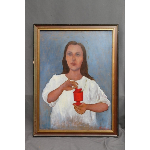 476 - NATASHA KIMSTATSCH, half-length portrait of a lady with red lidded cup, oil painting on canvas, sign... 