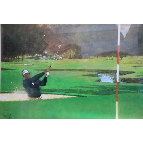 482 - Relief picture of an old pencil bag of golf clubs and a framed golfing print, frames 75cm x 30cm and... 