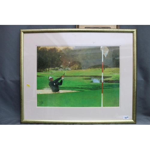 482 - Relief picture of an old pencil bag of golf clubs and a framed golfing print, frames 75cm x 30cm and... 