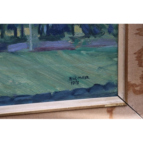 483 - P W MILLER, Scottish landscape, oil on board, signed and dated 1973 lower right, 40cm x 67cm, frame ... 