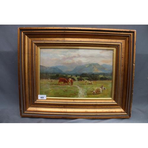 485 - RALPH ERSKINE FRASER, Cattle and Sheep Grazing, oil on board, unsigned, 22cm x 33cm, gilt frame 39cm... 