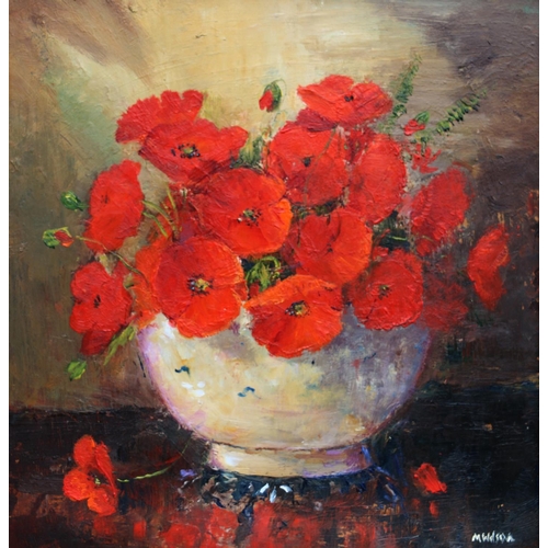 488 - MARJORIE WILSON (Scottish Contemporary), still life bowl of poppies, oil painting on board, signed l... 