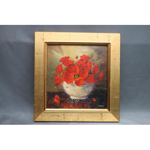 488 - MARJORIE WILSON (Scottish Contemporary), still life bowl of poppies, oil painting on board, signed l... 