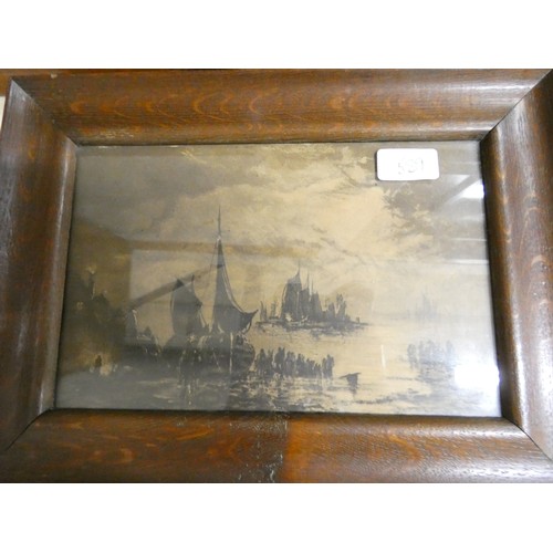 589 - Three monochrome prints of sailing barges, in the Thames & elsewhere, in oak frames.