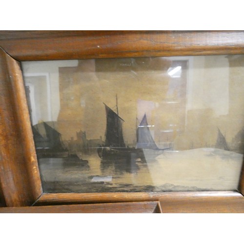 589 - Three monochrome prints of sailing barges, in the Thames & elsewhere, in oak frames.