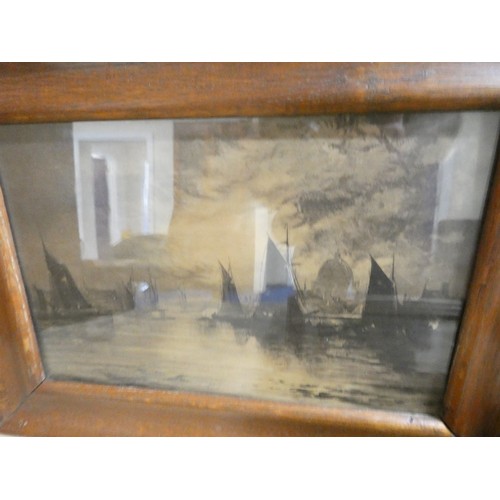 589 - Three monochrome prints of sailing barges, in the Thames & elsewhere, in oak frames.