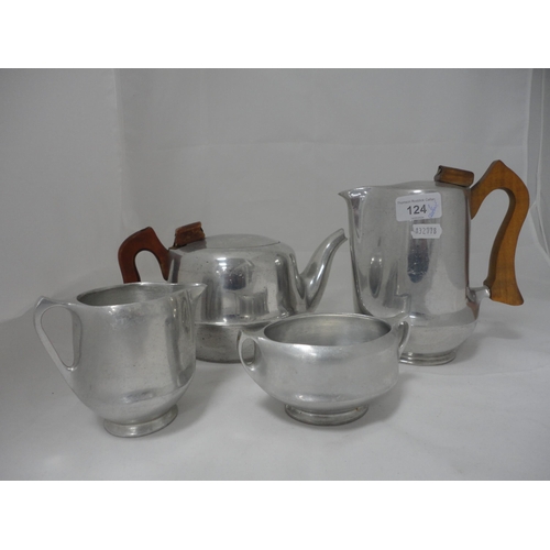 Four-piece Picquot ware tea set, pewter tankards, amethyst coloured ...