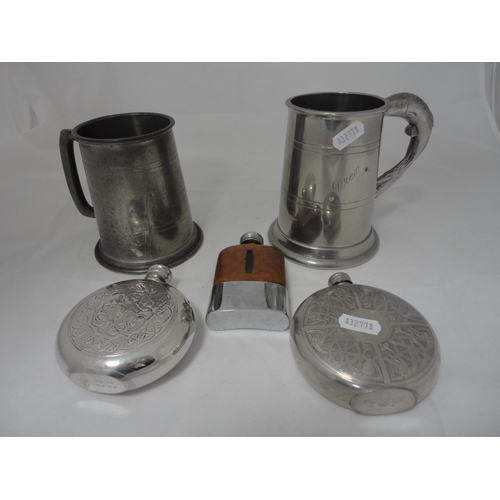 Four-piece Picquot ware tea set, pewter tankards, amethyst coloured ...