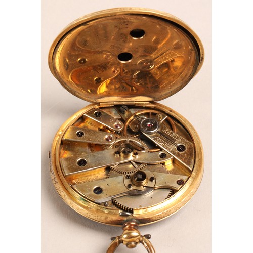 124 - Ladies 18k gold continental open face pocket watch, engraved foliate dial with roman numeral hour ma... 