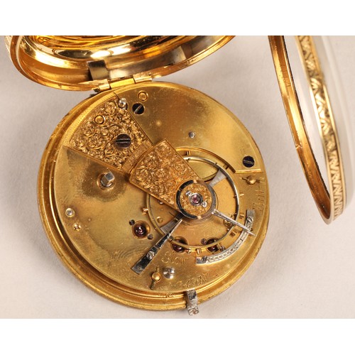 123 - Gents 18ct gold open face pocket watch, engraved dial with roman numerals, with seconds subsidiary d... 