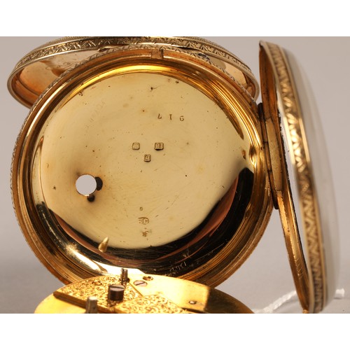 123 - Gents 18ct gold open face pocket watch, engraved dial with roman numerals, with seconds subsidiary d... 