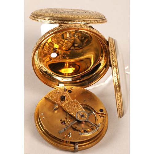 123 - Gents 18ct gold open face pocket watch, engraved dial with roman numerals, with seconds subsidiary d... 