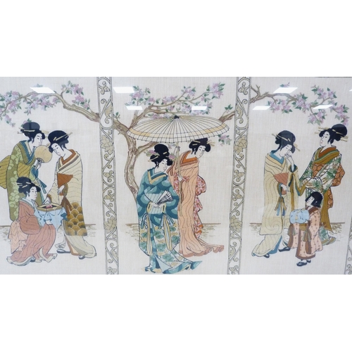 264 - Japanese embroidered textile modelled as Ukoyo-style noble ladies with child, in three separate pane... 