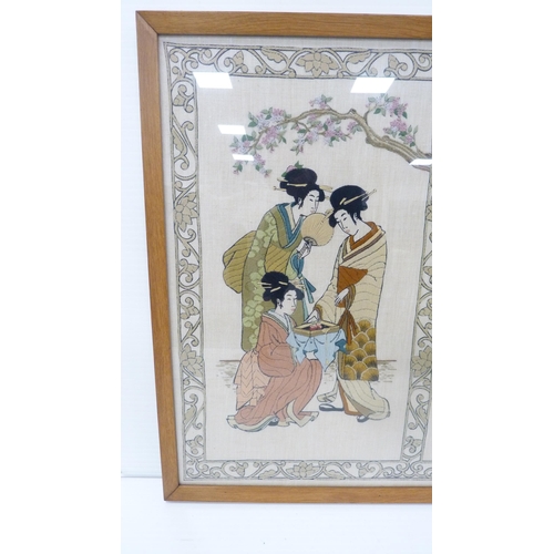 264 - Japanese embroidered textile modelled as Ukoyo-style noble ladies with child, in three separate pane... 