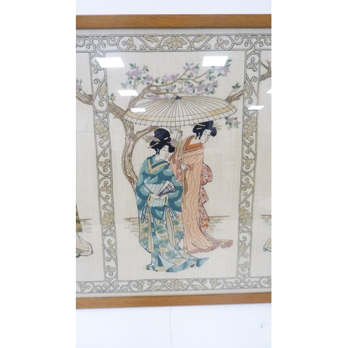 264 - Japanese embroidered textile modelled as Ukoyo-style noble ladies with child, in three separate pane... 