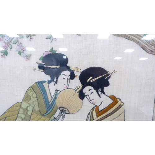 264 - Japanese embroidered textile modelled as Ukoyo-style noble ladies with child, in three separate pane... 