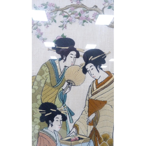 264 - Japanese embroidered textile modelled as Ukoyo-style noble ladies with child, in three separate pane... 