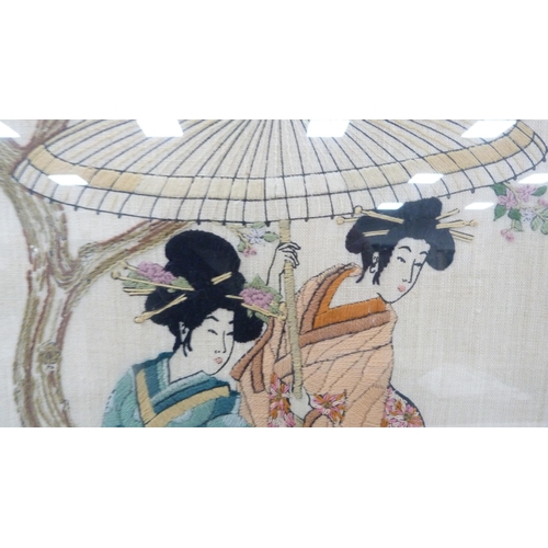 264 - Japanese embroidered textile modelled as Ukoyo-style noble ladies with child, in three separate pane... 