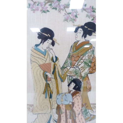 264 - Japanese embroidered textile modelled as Ukoyo-style noble ladies with child, in three separate pane... 