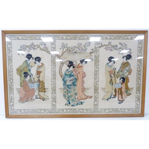 264 - Japanese embroidered textile modelled as Ukoyo-style noble ladies with child, in three separate pane... 