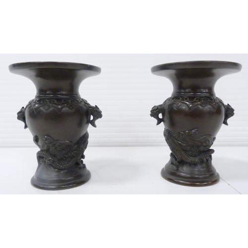 267 - Pair of Japanese patinated bronze urn-shaped flaring vases (Meiji period, 1868 - 1912), with mask su... 