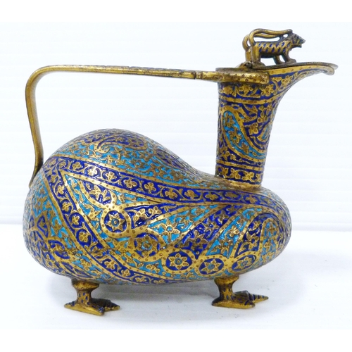 268 - Kashmir/Mughal enamel ewer, in the form of a duck, the hinged top bearing a pair of animal surmounts... 