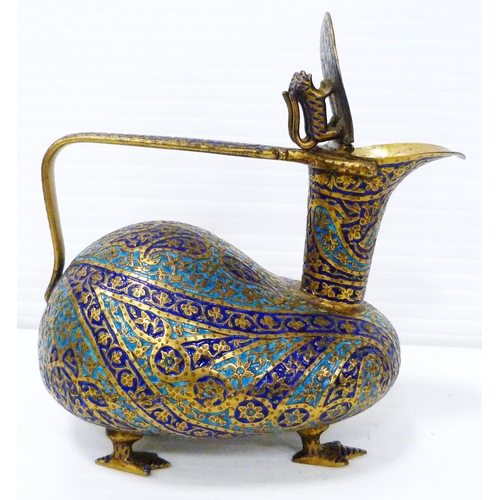 268 - Kashmir/Mughal enamel ewer, in the form of a duck, the hinged top bearing a pair of animal surmounts... 