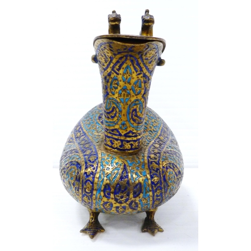 268 - Kashmir/Mughal enamel ewer, in the form of a duck, the hinged top bearing a pair of animal surmounts... 