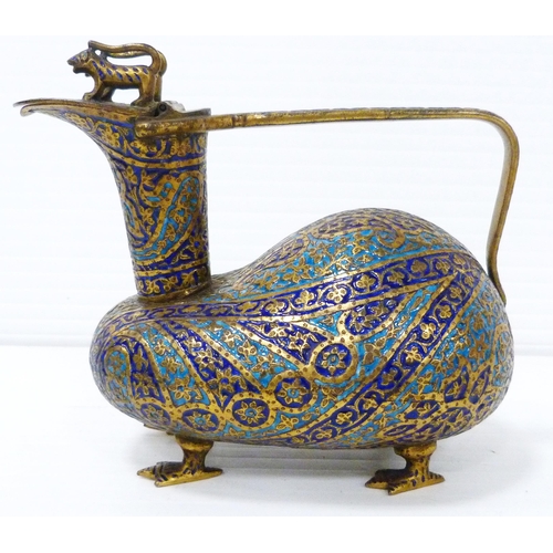 268 - Kashmir/Mughal enamel ewer, in the form of a duck, the hinged top bearing a pair of animal surmounts... 