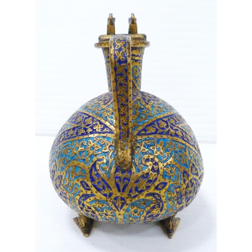 268 - Kashmir/Mughal enamel ewer, in the form of a duck, the hinged top bearing a pair of animal surmounts... 