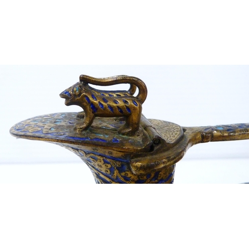 268 - Kashmir/Mughal enamel ewer, in the form of a duck, the hinged top bearing a pair of animal surmounts... 