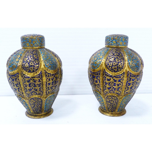 269 - Pair of Kashmir/Mughal ovoid lobed enamel vases and covers, richly decorated with all over gilded sc... 