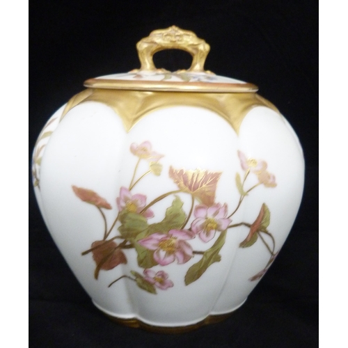 238 - Royal Worcester blush ivory globular jar and cover, c. early 20th century, with gilded loop handle a... 